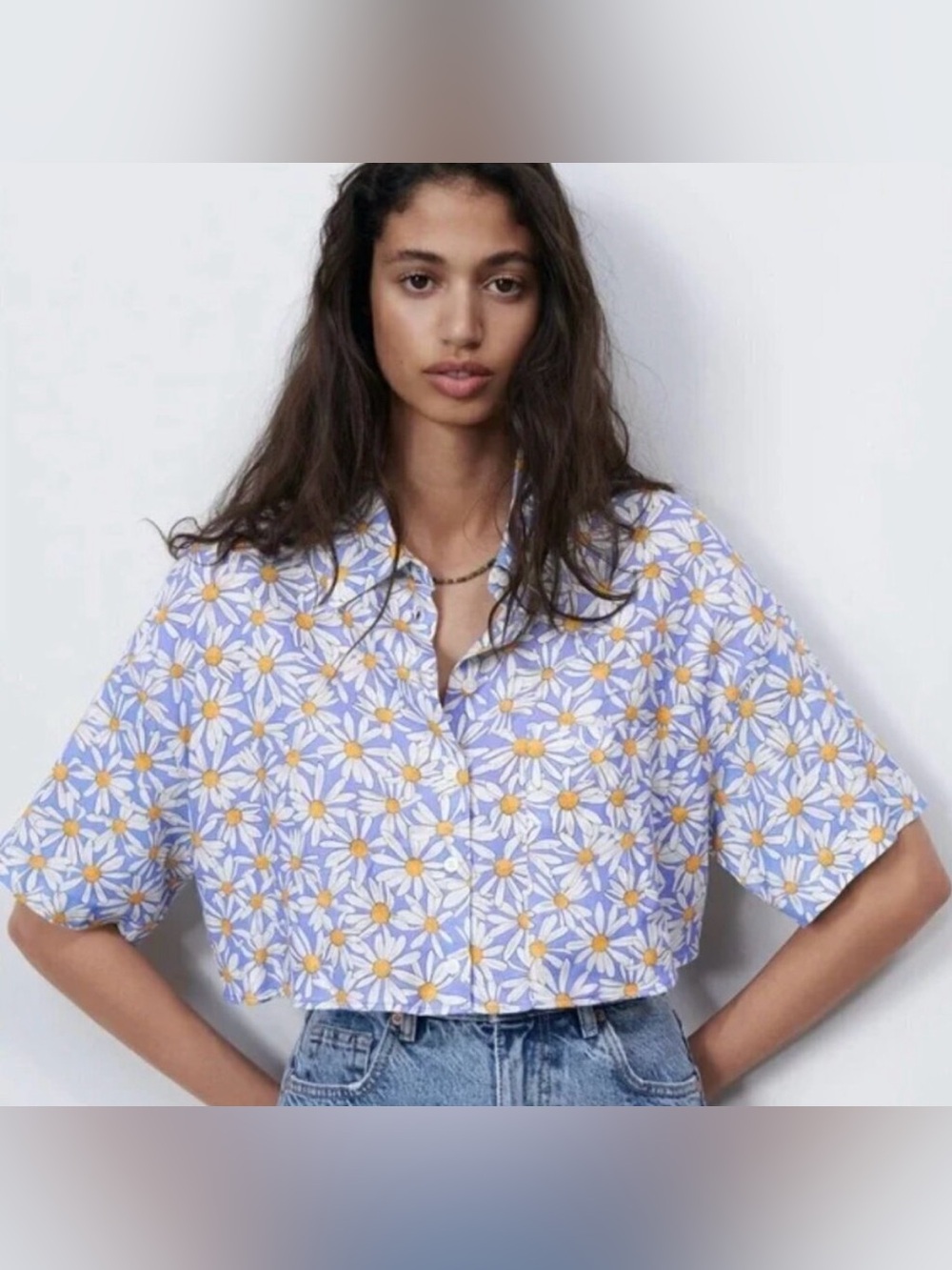 ZARA Cropped Daisy Print Button-Up Shirt - Lilac/Yellow